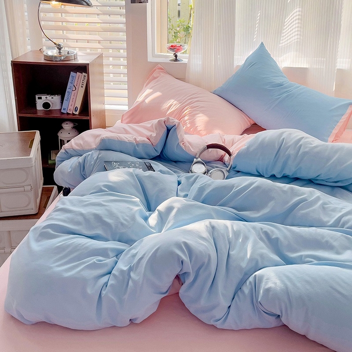 91家纺网 家纺一手货源 找家纺 森璐 2025新款水洗棉双拼四件套宿舍三件套床单被套枕套双拼-天蓝粉