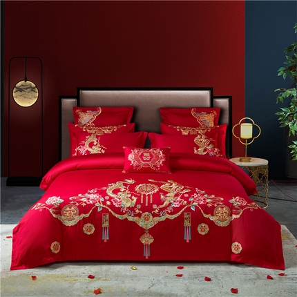 91家纺网 家纺一手货源 找家纺 东方合美（原：皇家传奇） 2023新款40s全工艺喷气刺绣纯棉婚庆多件套-系列三 龙凤贺喜