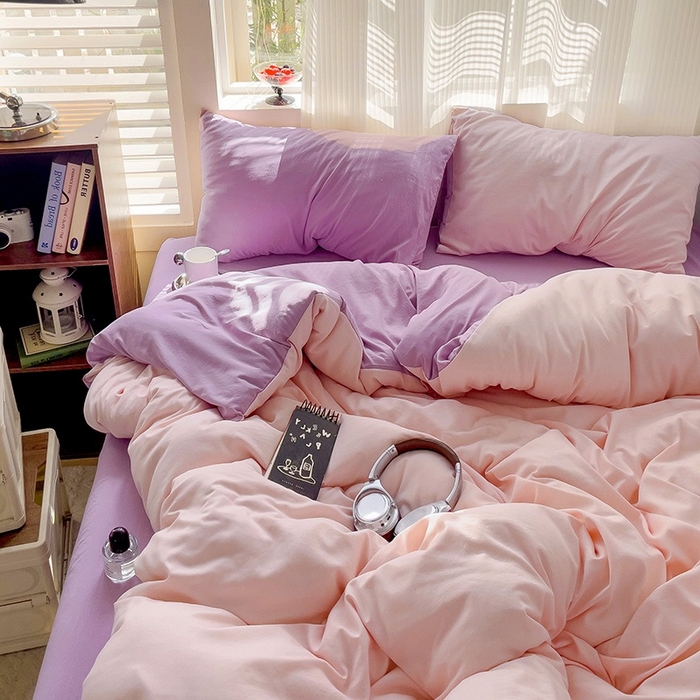 91家纺网 家纺一手货源 找家纺 森璐 2025新款水洗棉双拼四件套宿舍三件套床单被套枕套双拼-粉玉紫