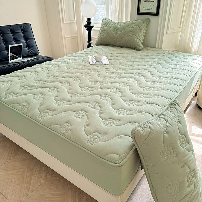 91家纺网 家纺一手货源 找家纺 3C 2024新款全棉水洗棉夹棉玫瑰床笠-花语系列 花语 抹茶绿