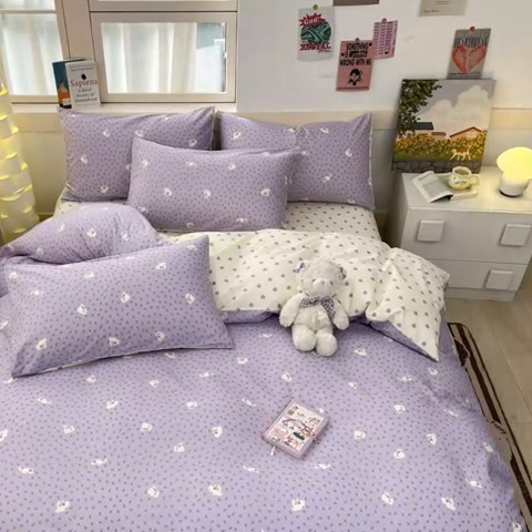 91家纺网 家纺一手货源 找家纺 2025新款全棉卡通小清新系列四件套 紫花猫