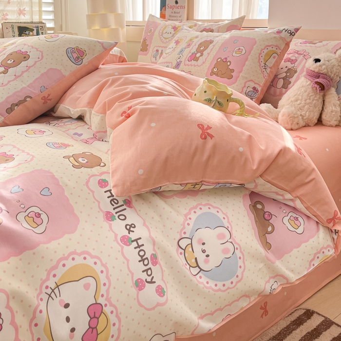 91家纺网 家纺一手货源 找家纺 2025新款全棉卡通小清新系列四件套 粉粉猫