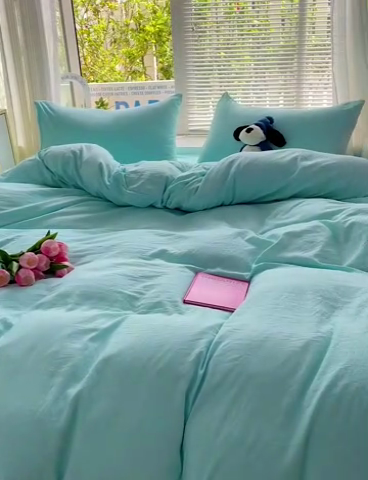91家纺网 家纺一手货源 找家纺 森璐 2025新款水洗棉双拼四件套宿舍三件套床单被套枕套纯色-水绿色