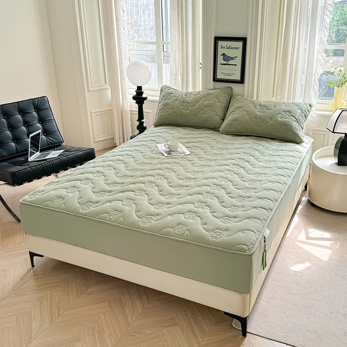 91家纺网 家纺一手货源 找家纺 3C 2024新款全棉水洗棉夹棉玫瑰床笠-花语系列 花语 抹茶绿