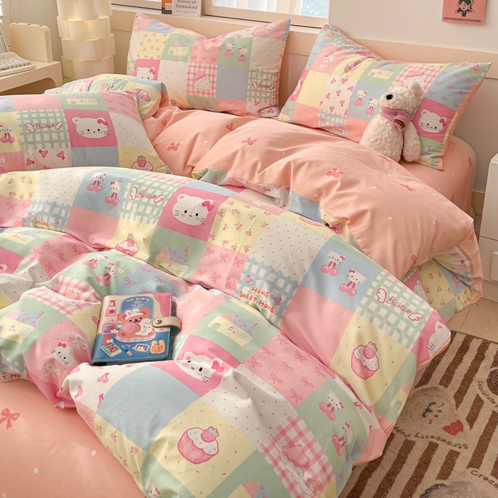 91家纺网 家纺一手货源 找家纺 2025新款全棉卡通小清新系列四件套 可爱喵喵