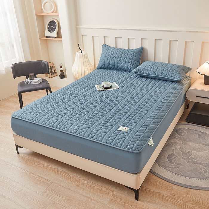 91家纺网 家纺一手货源 找家纺 3C 2025新款A类亲肤夹棉床笠-麦穗格 麦穗格 深海蓝