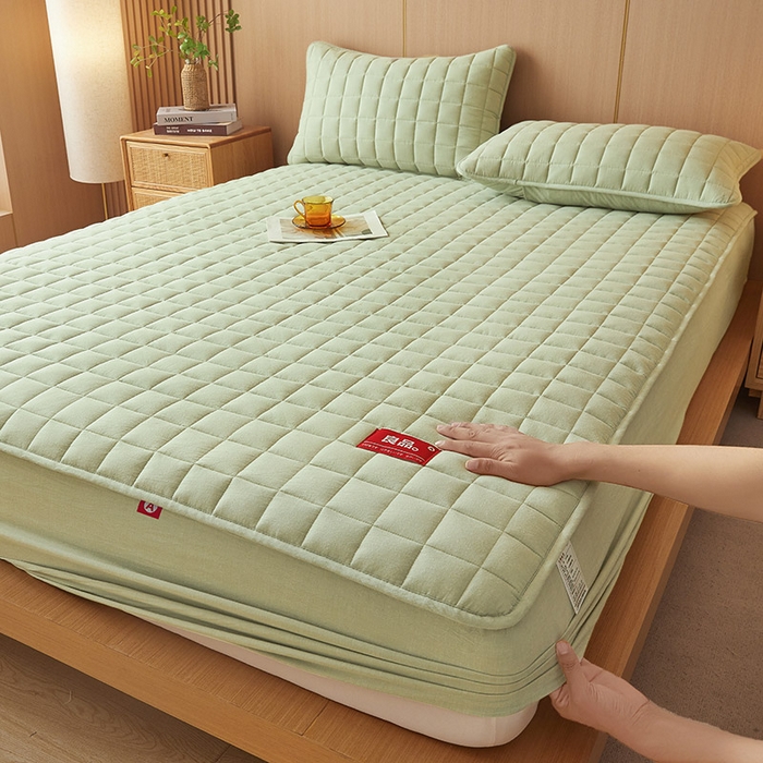 91家纺网 家纺一手货源 找家纺 3C 2025新款全棉水洗棉夹棉床笠-良品 良品 抹茶绿