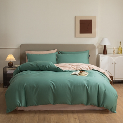 91家纺网 家纺一手货源 找家纺 典曼家纺 2025新品A类长绒棉纯色双拼四件套 松石绿+白桃粉