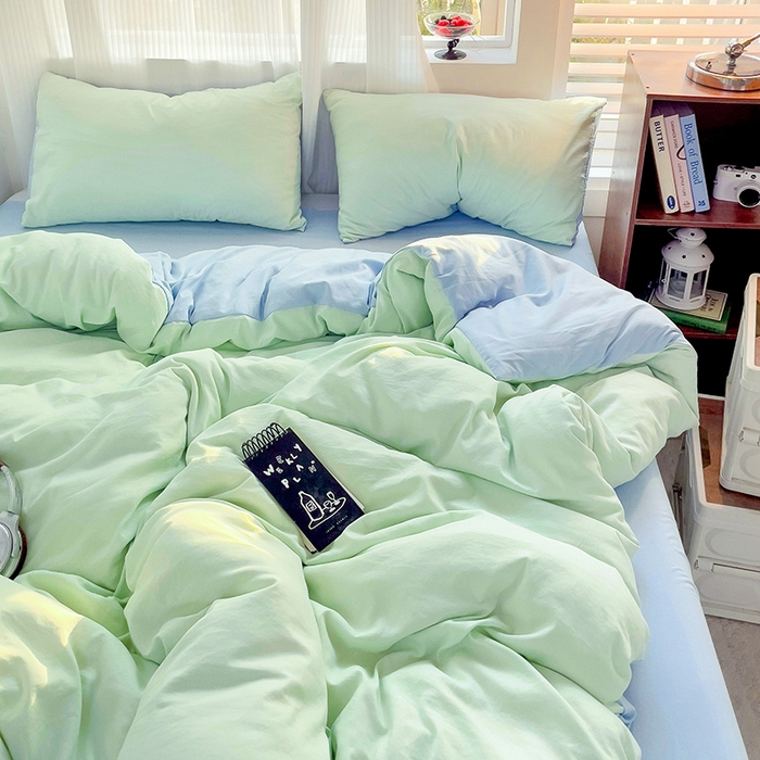91家纺网 家纺一手货源 找家纺 森璐 2025新款水洗棉双拼四件套宿舍三件套床单被套枕套双拼-藻绿蓝