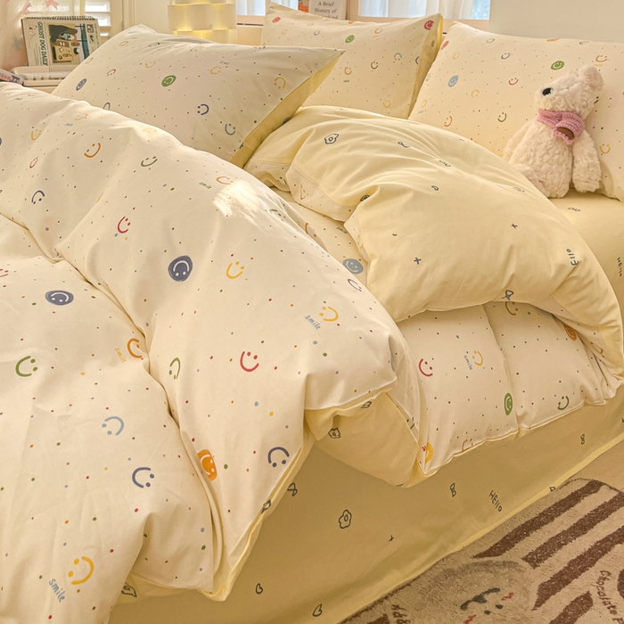 91家纺网 家纺一手货源 找家纺 2025新款全棉卡通小清新系列四件套 多彩笑脸