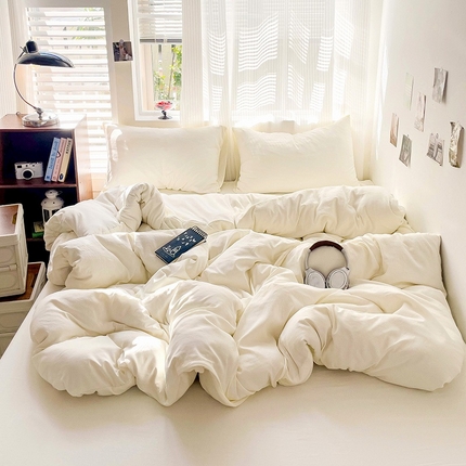 森璐 2025新款水洗棉双拼四件套宿舍三件套床单被套枕套纯色-奶白