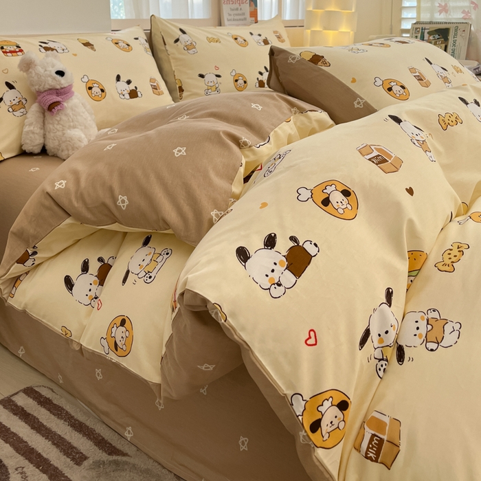 91家纺网 家纺一手货源 找家纺 2025新款全棉卡通小清新系列四件套 汉堡狗