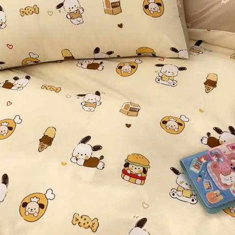 91家纺网 家纺一手货源 找家纺 2025新款全棉卡通小清新系列四件套 汉堡狗