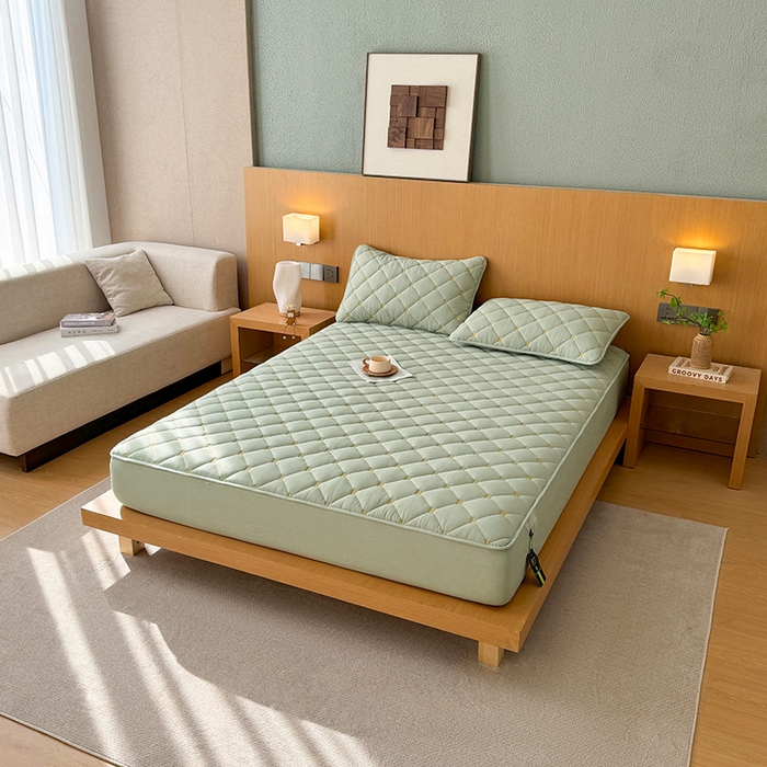 91家纺网 家纺一手货源 找家纺 3C 2024新款H全棉水洗棉床笠 抹茶绿