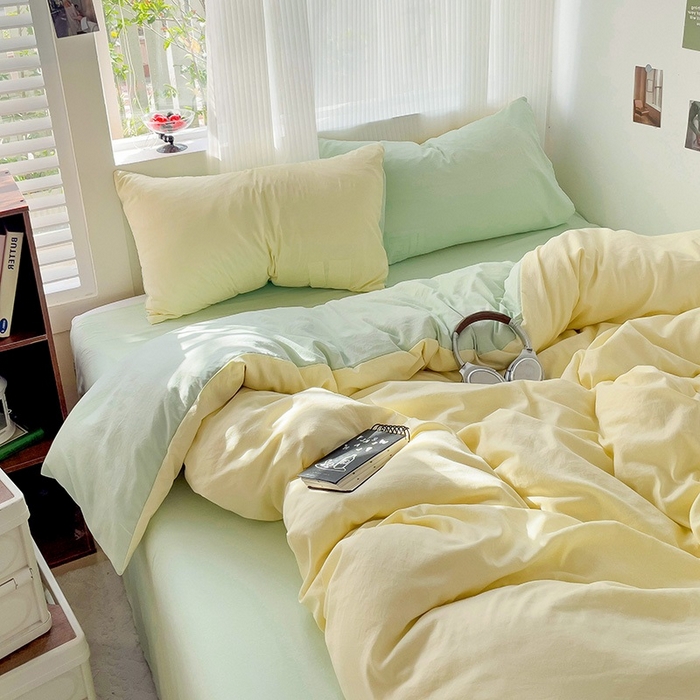 91家纺网 家纺一手货源 找家纺 森璐 2025新款水洗棉双拼四件套宿舍三件套床单被套枕套双拼-浅黄绿