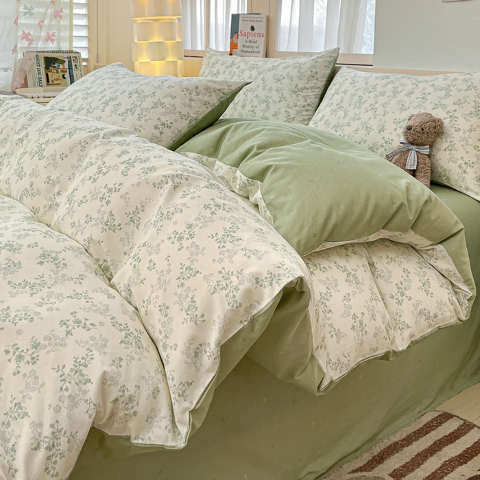 91家纺网 家纺一手货源 找家纺 2025新款全棉卡通小清新系列四件套 春风里（绿）