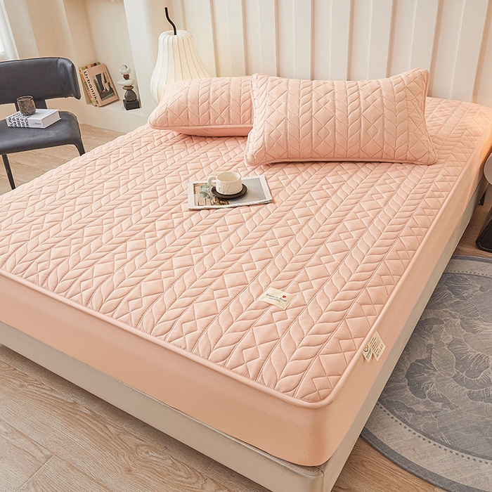 91家纺网 家纺一手货源 找家纺 3C 2025新款A类亲肤夹棉床笠-麦穗格 麦穗格 明媚粉