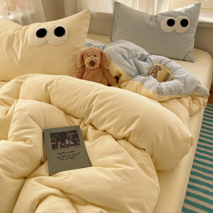 91家纺网 家纺一手货源 找家纺 （总）2025新款A类亲肤舒适软糯云柔水洗棉大眼睛毛巾绣混搭格子撞色系列四件套