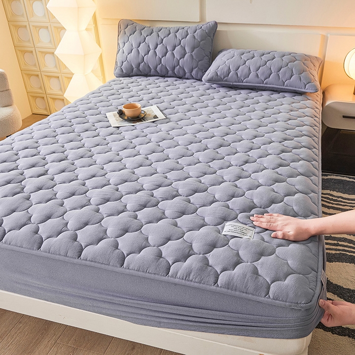 91家纺网 家纺一手货源 找家纺 3C 2025新款全棉水洗棉夹棉床笠-梦屿系列 梦屿 蓝灰