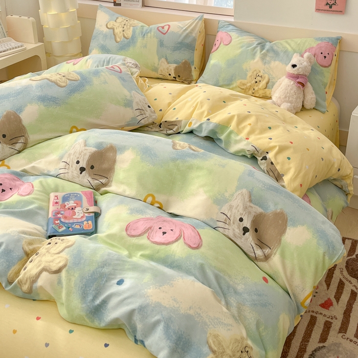 91家纺网 家纺一手货源 找家纺 2025新款全棉卡通小清新系列四件套 油画慕斯猫