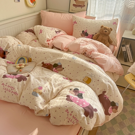 2025新款可爱卡通AB版水洗棉印花四件套 彩彩狗