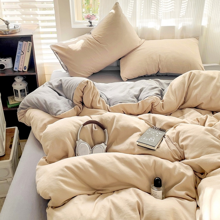 91家纺网 家纺一手货源 找家纺 森璐 2025新款水洗棉双拼四件套宿舍三件套床单被套枕套双拼-驼卡灰