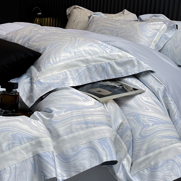 91家纺网 家纺一手货源 找家纺 春夏爆款全棉数码印花四件套纯棉轻奢风长绒棉床单被套时尚床上用品浮影 SM浮影-沁水蓝