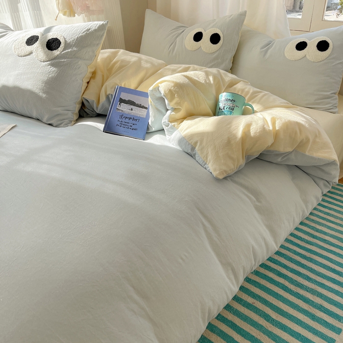 91家纺网 家纺一手货源 找家纺 2025新款A类亲肤舒适软糯云柔水洗棉大眼睛毛巾绣混搭格子撞色系列四件套 大眼海盐奶黄