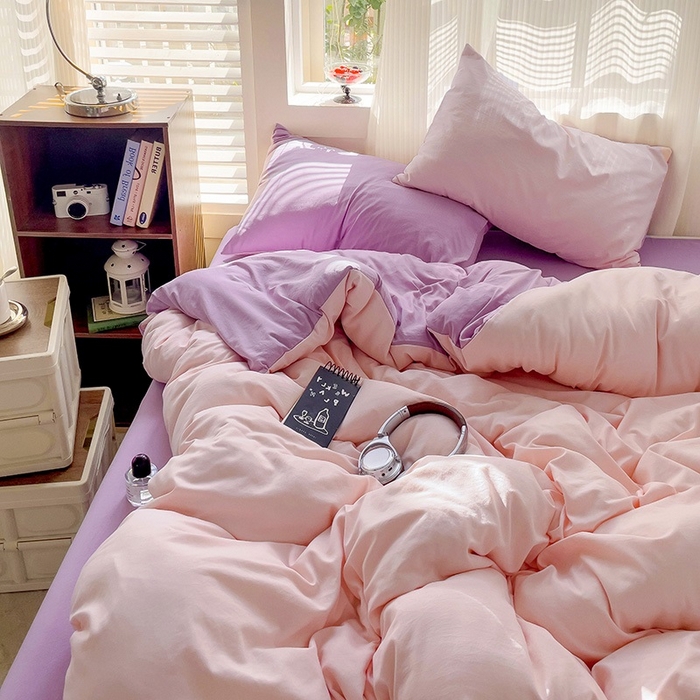 91家纺网 家纺一手货源 找家纺 森璐 2025新款水洗棉双拼四件套宿舍三件套床单被套枕套双拼-粉玉紫