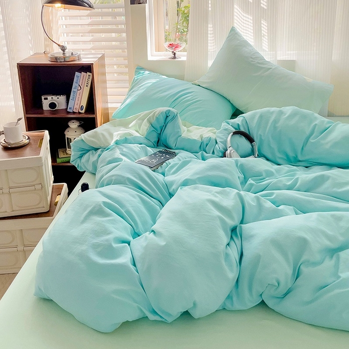 91家纺网 家纺一手货源 找家纺 森璐 2025新款水洗棉双拼四件套宿舍三件套床单被套枕套双拼-湖水绿