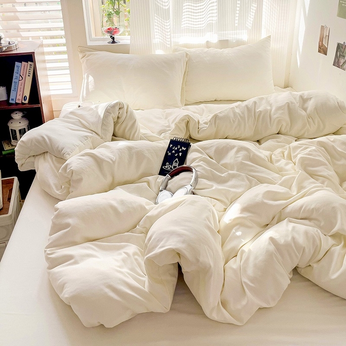 91家纺网 家纺一手货源 找家纺 森璐 2025新款水洗棉双拼四件套宿舍三件套床单被套枕套纯色-奶白