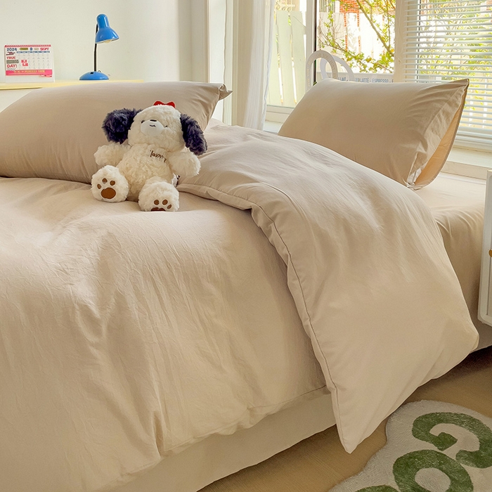 91家纺网 家纺一手货源 找家纺 森璐 2025新款水洗棉双拼四件套宿舍三件套床单被套枕套纯色-浅驼色