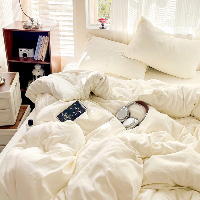 91家纺网 家纺一手货源 找家纺 森璐 2025新款水洗棉双拼四件套宿舍三件套床单被套枕套纯色-奶白