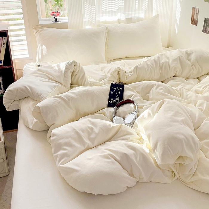 91家纺网 家纺一手货源 找家纺 森璐 2025新款水洗棉双拼四件套宿舍三件套床单被套枕套纯色-奶白