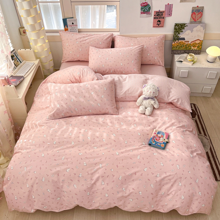 91家纺网 家纺一手货源 找家纺 2025新款全棉卡通小清新系列四件套 玉兔粉