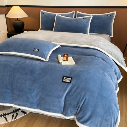 91家纺网 家纺一手货源 找家纺 （买家秀 爆款不断货）A类母婴级双面牛奶绒四件套珊瑚绒四件套雪花绒四件套AB版牛奶绒四件套纯色牛奶绒 时尚 深蓝+灰