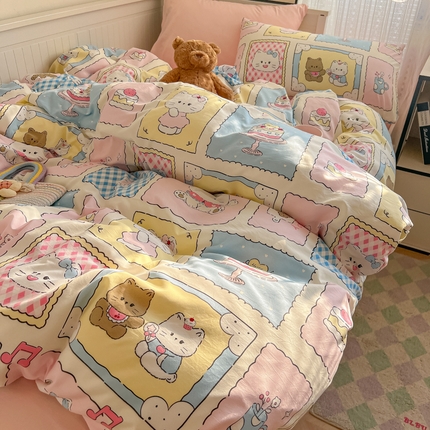 2025新款可爱卡通AB版水洗棉印花四件套 芝士呆猫