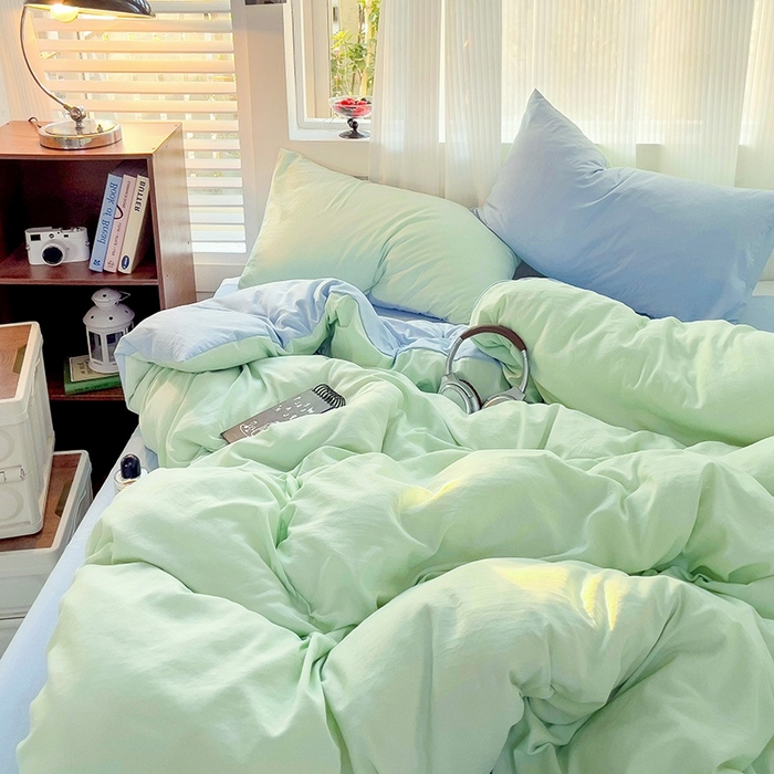 91家纺网 家纺一手货源 找家纺 森璐 2025新款水洗棉双拼四件套宿舍三件套床单被套枕套双拼-藻绿蓝