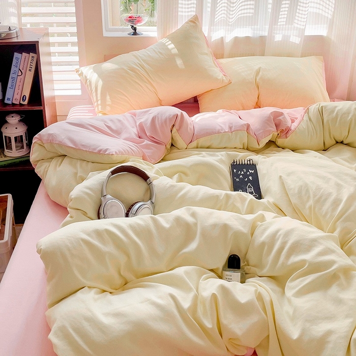 91家纺网 家纺一手货源 找家纺 森璐 2025新款水洗棉双拼四件套宿舍三件套床单被套枕套双拼-浅黄粉