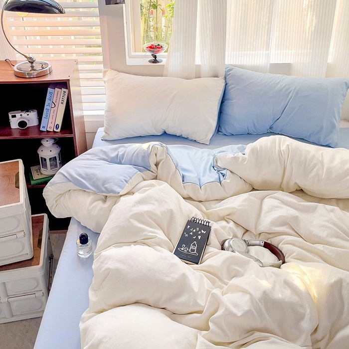 91家纺网 家纺一手货源 找家纺 森璐 2025新款水洗棉双拼四件套宿舍三件套床单被套枕套双拼-奶白蓝