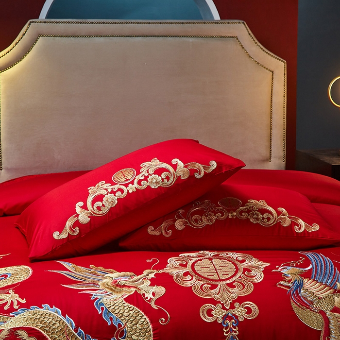 91家纺网 家纺一手货源 找家纺 东方合美（原：皇家传奇） 2023新款40s全工艺喷气刺绣纯棉婚庆多件套-系列三 福喜龙凤