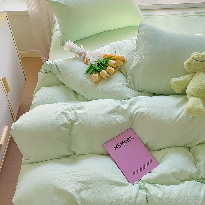 91家纺网 家纺一手货源 找家纺 森璐 2025新款水洗棉双拼四件套宿舍三件套床单被套枕套纯色-藻绿色