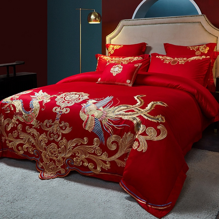 91家纺网 家纺一手货源 找家纺 东方合美（原：皇家传奇） 2023新款40s全工艺喷气刺绣纯棉婚庆多件套-系列三 福喜龙凤