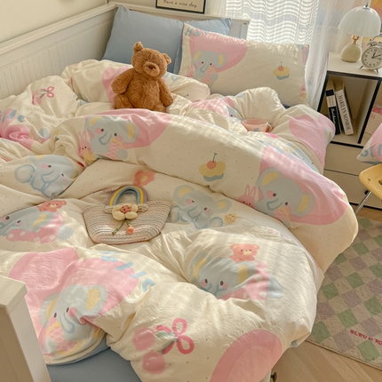 2025新款可爱卡通AB版水洗棉印花四件套 奶呼呼大象