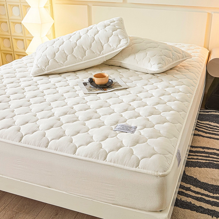 91家纺网 家纺一手货源 找家纺 3C 2025新款全棉水洗棉夹棉床笠-梦屿系列 梦屿 珍珠白