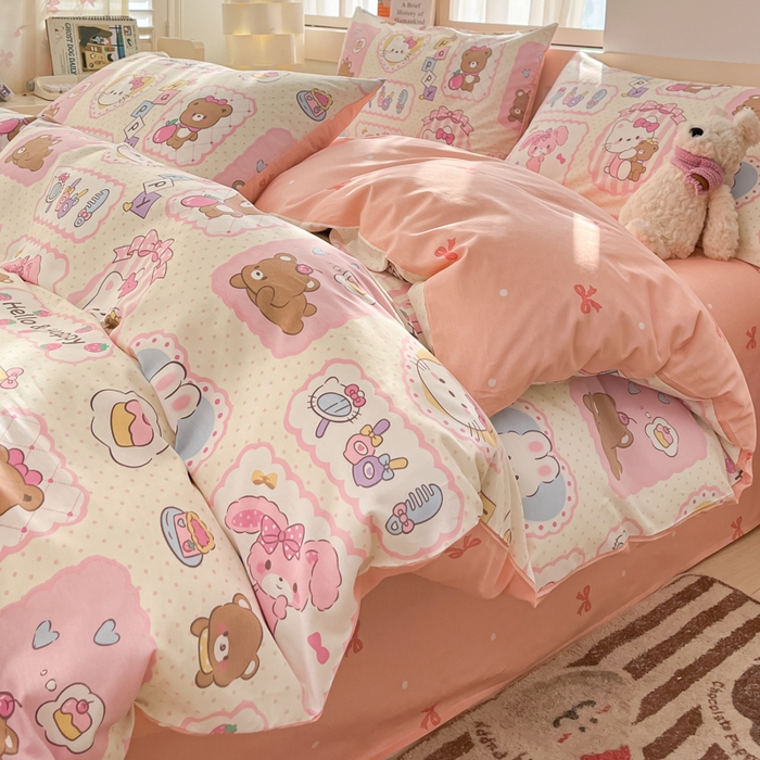 91家纺网 家纺一手货源 找家纺 2025新款全棉卡通小清新系列四件套 粉粉猫