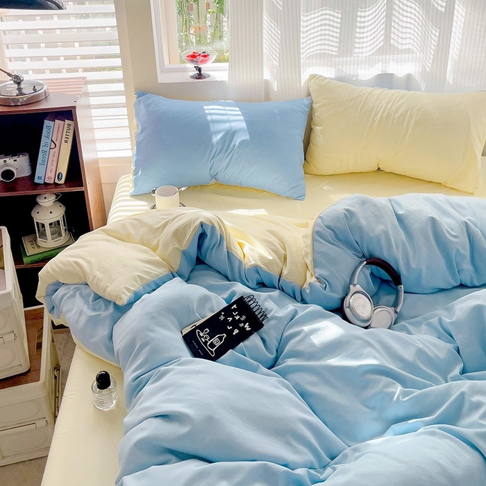91家纺网 家纺一手货源 找家纺 森璐 2025新款水洗棉双拼四件套宿舍三件套床单被套枕套双拼-天蓝黄