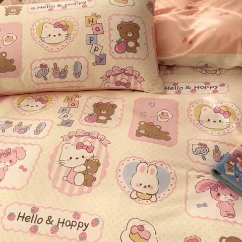 91家纺网 家纺一手货源 找家纺 2025新款全棉卡通小清新系列四件套 粉粉猫