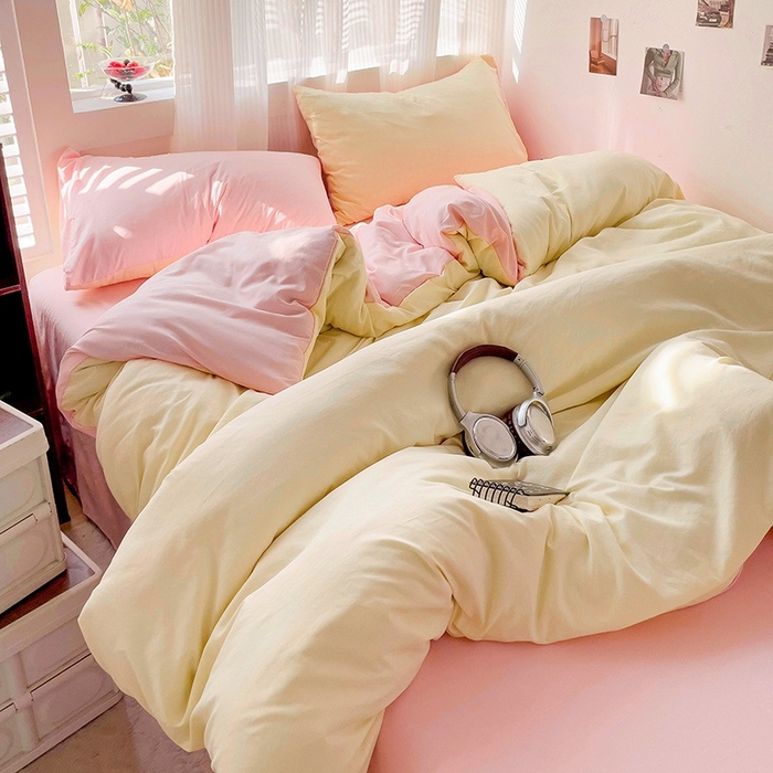 91家纺网 家纺一手货源 找家纺 森璐 2025新款水洗棉双拼四件套宿舍三件套床单被套枕套双拼-浅黄粉
