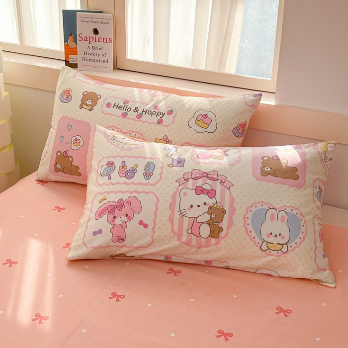 91家纺网 家纺一手货源 找家纺 2025新款全棉卡通小清新系列四件套 粉粉猫